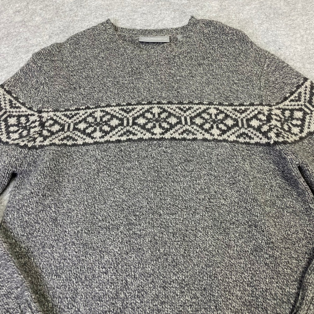 Marconi Mens Grey Lambswool Fair Isle Snowflake Crewneck Sweater L Cottagecore
